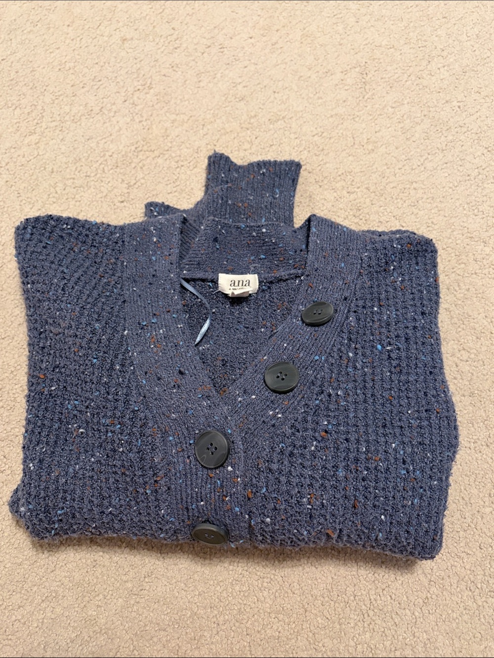a.n.a petite small waffle knit Button, V-neck boxy fit Sweater in  Blue.